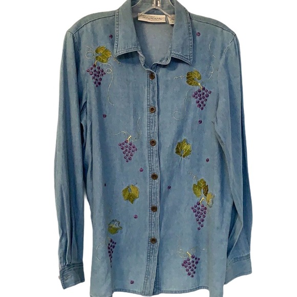 Embroidered Grapes and Leaves Cotton Shirt - Picture 1 of 12